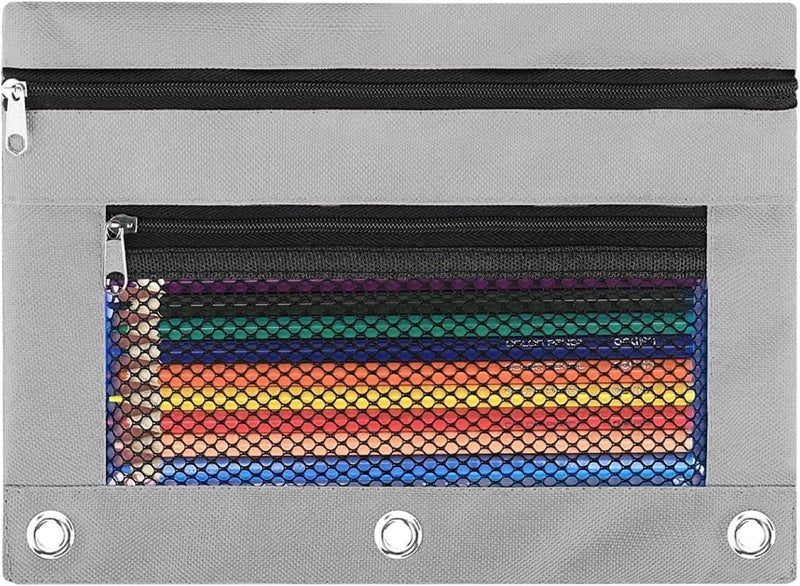 ASBEFORE Pencil Pouch for 3 Ring Binder - 3 Hole Zipper Pen Case Bag Holder Bulk Accessories Clear Window Aesthetic Organizer Pockets (Grey, 1) - Image 1
